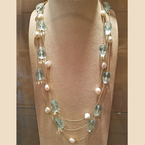 Aqua Quartz & Pearl Long Triple Strand