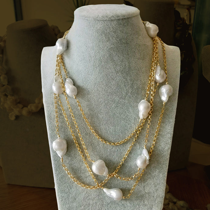 All Natural White Baroque Pearls On Gold Chain