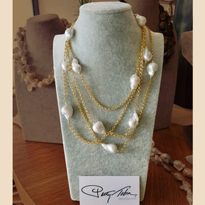 All Natural White Baroque Pearls On Gold Chain