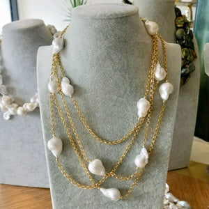 All Natural White Baroque Pearls On Gold Chain