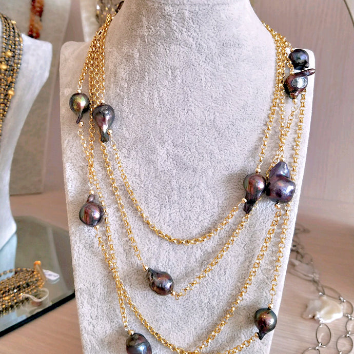 Baroque Black Pearls On Gold Chain