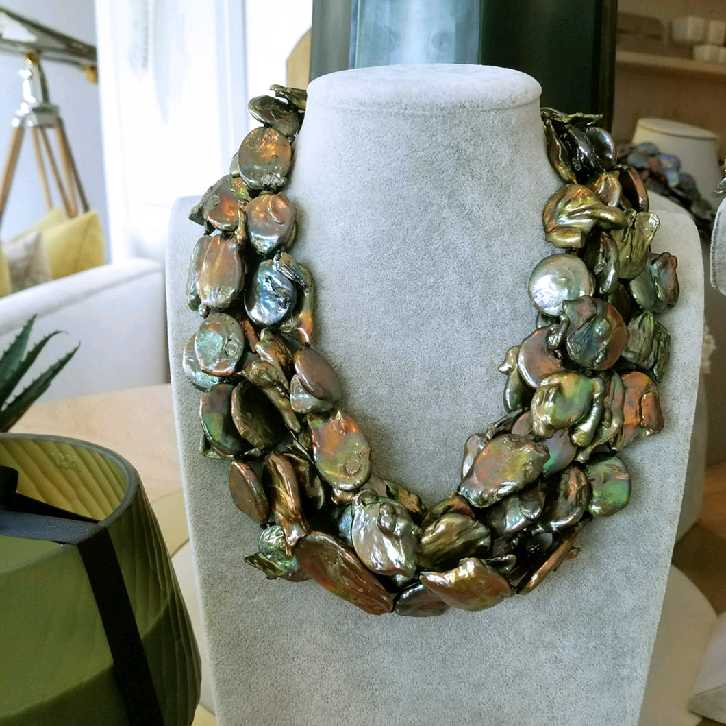 Baroque Coin Pearl Torsade In Olive Green