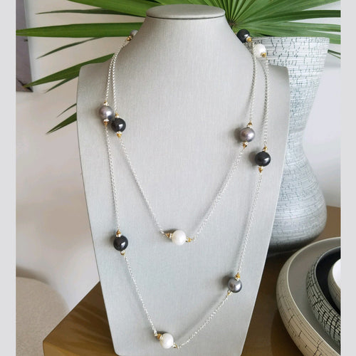 Shell Pearls In Black, White & Silver On Sterling Chain