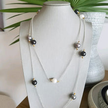 Load image into Gallery viewer, Shell Pearls In Black, White &amp; Silver On Sterling Chain